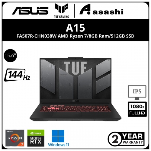 Asus TUF FA507R-CHN038W Gaming Notebook - (AMD Ryzen 7-6800H/8GB D5 4800Mhz(1 Extra Slot)/512GB SSD(Extra 1 M.2 Slot)/15.6
