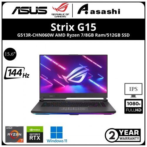 Asus ROG Strix G513R-CHN060W Gaming Notebook - (AMD Ryzen 7-6800H/8GB D5 4800Mhz(1 Extra Slot)/512GB SSD(Extra 1 M.2 Slot)/15.6