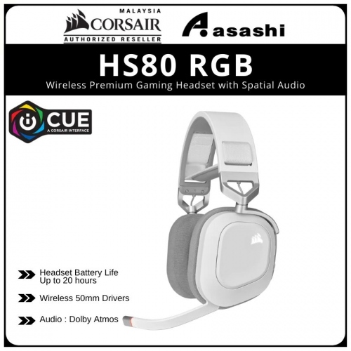 Corsair HS80 RGB Wireless Gaming Headset - White (USB Wireless Adapter) CA-9011236-AP