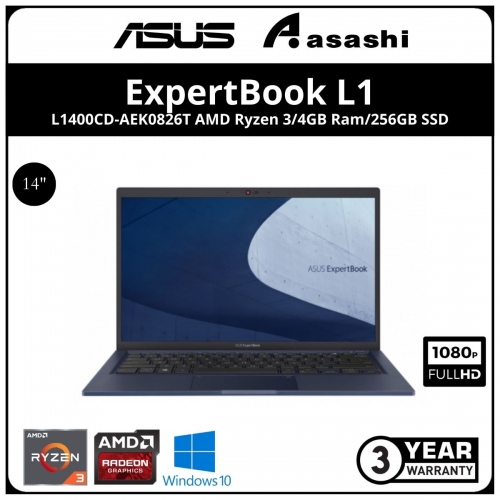 Asus ExpertBook Commercial Notebook-L1400CD-AEK0826T-(AMD Ryzen 3-3250U/4GB OB(1 Extra Slot)/256GB SSD/14