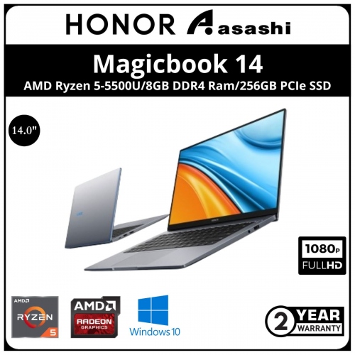 Honor Magicbook 14 Notebook-53011WGL-(AMD Ryzen 5-5500U/8GB DDR4 Ram/256GB PCIe SSD/14