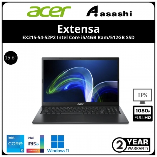 Acer Extensa EX215-54-52P2 Notebook-(Intel Core i5-1135G7/4GD4(1 Extra Slot)/512GB SSD/No-DVDRW/15.6