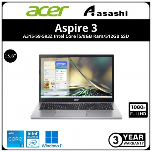 Acer Aspire 3 A315-59-593Z Notebook-(Intel Core i5-1235U/8GB DDR4 OB(1 slot)/512GB SSD/No ODD/15.6