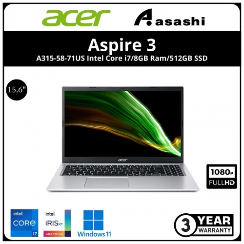 Acer Aspire 3 A315-58-71US Notebook (Intel Core i7-1165G7/8GB DDR4/512GB SSD/No ODD/15.6