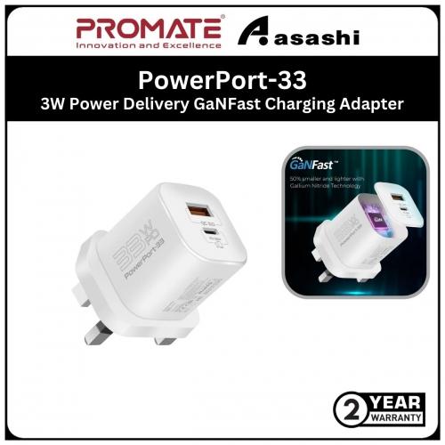 Promate PowerPort-33 (White) 33W Power Delivery GaNFast™ Charging Adapter (2 year Manufacturer Warranty)