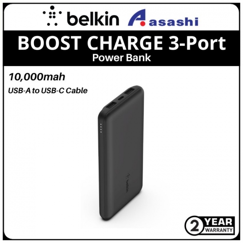 Belkin BOOST CHARGE 3-Port Power Bank 10000 Mah with USB-A to USB-C Cable - Black (2xUSB-A & 1xUSB-C)