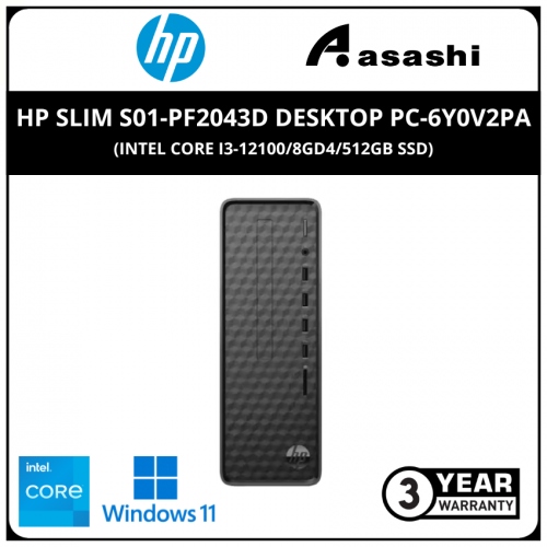 HP Slim S01-pF2043d Desktop PC-6Y0V2PA-(Intel Core i3-12100/8GD4/512GB SSD/Intel UHD Graphic/No DVD/WiFi+BT/USB KB & Mouse/Office H&S/Win11Home/3Yrs)