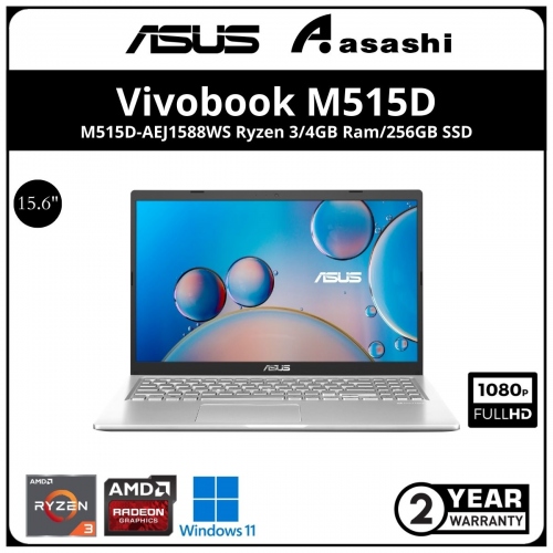 Asus Vivobook M515D-AEJ1588WS Notebook - (Ryzen 3-3250U/4GB OB (1slot) /256GB SSD/15.6