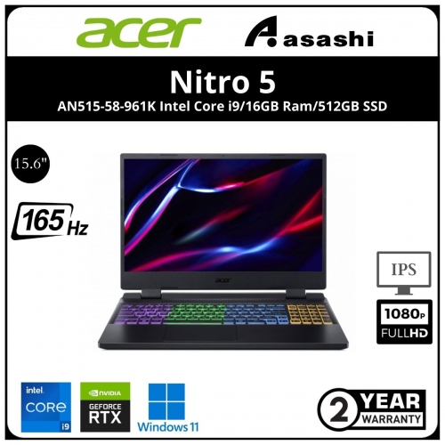 Acer Nitro 5 AN515-58-961K Notebook (Intel Core i9-12900H/16GD5 4800mhz(8*2)/512GB NVMe SSD(1 extra M.2)/NV RTX3060 6GD6/15.6
