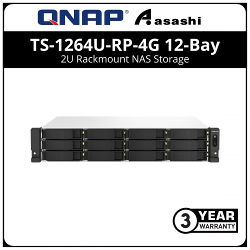 Qnap TS-1264U-RP-4G 12-Bay 2U Rackmount NAS Storage (Intel Celeron N5105 Quad-core Burst up to 2.9GHz, 4GB DDR4, 2 X 2.5Gbe , 2 x 300W PSU, With RAIL-B02)