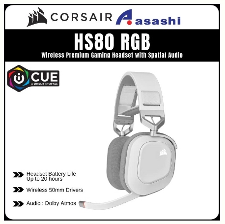 CORSAIR HS80 RGB USB 7.1 Surround Wired Gaming Headset, White CA-9011238-AP