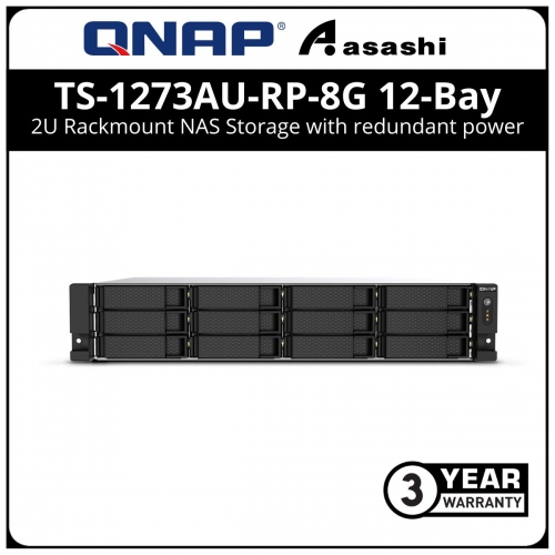 Qnap TS-1273AU-RP-8G 12-Bay 2U Rackmount NAS Storage with redundant power (AMD Ryzen Embedded V1500B 4-core/8-thread 2.2 GHz processor, 8GB(Max 32GB) , 3 x USB3.2 Gen2(2 x Type-C), 1 x USB3.1 Gen1, 2 X 2.5GbE)