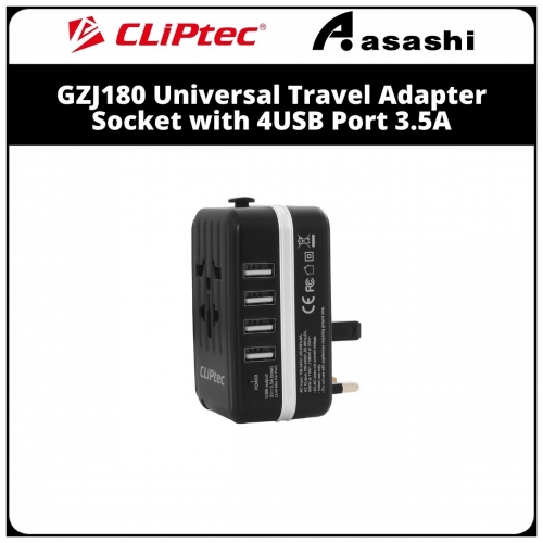 Cliptec GZJ180 Universal Travel Adapter Socket with 4USB Port 3.5A - Black