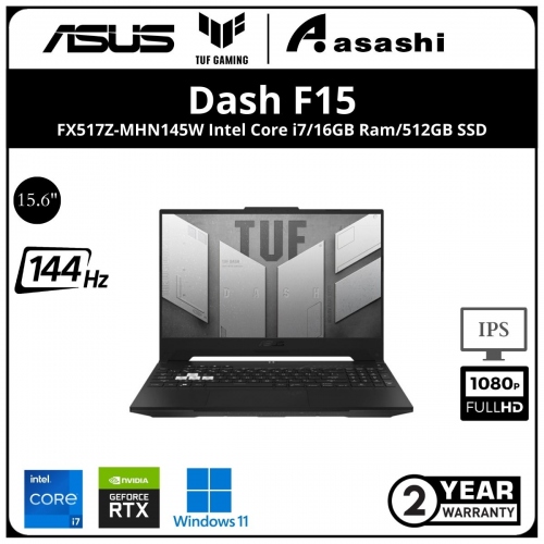Asus TUF DASH F15 FX517Z-MHN145W Gaming Notebook - (Intel Core i7-12650H/16GB D5 4800Mhz(1 Extra Slot)/512GB SSD(Extra 1 M.2 Slot)/15.6