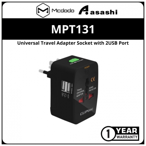 Cliptec MPT131 Universal Travel Adapter Socket with 2USB Port - Black