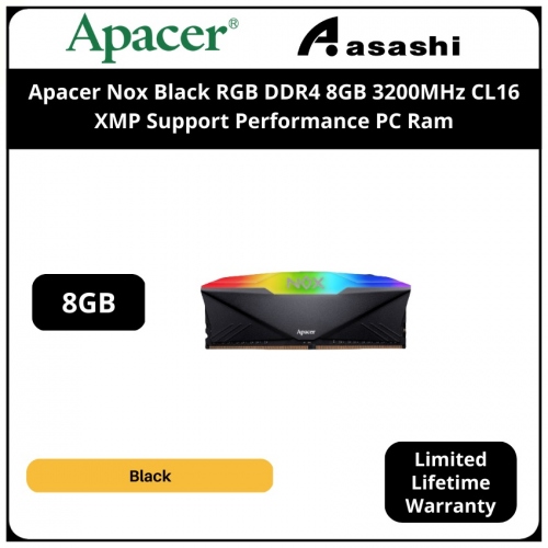 Apacer Nox Black RGB DDR4 8GB 3200MHz CL16 XMP Support Performance PC Ram - AH4U08G32C28YNBAA-1