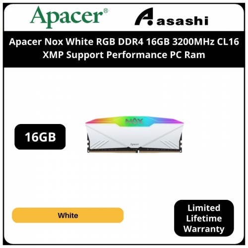 Apacer Nox White RGB DDR4 16GB 3200MHz CL16 XMP Support Performance PC Ram - AH4U016G32C28YNWAA-1