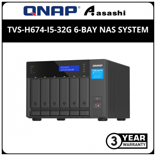 Qnap TVS-h674-i5-32G 6-Bay NAS System (Intel® Core™ i5-12400 6-core/12-thread Processor, burst up to 4.4 GHz, 32GB(Extra 1 slot), 3 x USB 3.2 Gen2(1 x Type-C, 2 x Type-A) , 2 x 2.5GbE)