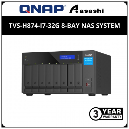 Qnap TVS-h874-i7-32G 8-Bay NAS System (Intel® Core™ i7 12-core (8P+4E) /20-thread Processor, 32GB(Extra 1 slot), 3 x USB 3.2 Gen2(1 x Type-C, 2 x Type-A) , 2 x 2.5GbE)