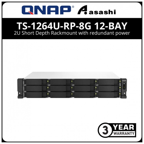 Qnap TS-1264U-RP-8G 12-Bay 2U Short Depth Rackmount with redundant power (Intel® Celeron® N5095 4-core/4-thread processor, burst up to 2.9 GHz, 8GB , 2 x 2.5 GbE, 2 x USB 3.2 Gen2, 2 x USB 2.0)