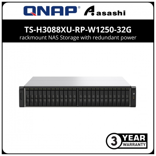 Qnap QuTS Hero Edition TS-h3088XU-RP-W1250-32G rackmount NAS Storage with redundant power supply (Intel® Xeon® W-1250 6-core/12-thread processor, up to 4.7 GHz, 32 GB RAM(Max 128GB), 4 x 2.5GbE,2 x 25GbE SFP28, 2 x USB3.2 Gen2(Type-A), 2 x USB3.2 Gen2(Type-C))