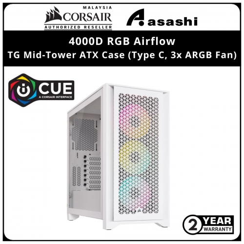 Corsair 4000D RGB Airflow (WHTE) TG Mid-Tower ATX Case (Type C, 3x ARGB Fan)