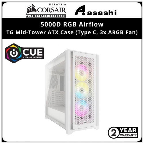 Corsair 5000D RGB Airflow (WHITE) TG Mid-Tower ATX Case (Type C, 3x ARGB Fan)