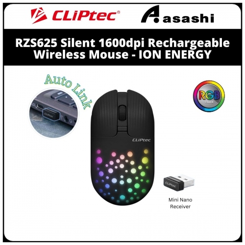 CLiPtec RZS625 Black Silent 1600dpi Rechargeable Wireless Mouse - ION ENERGY