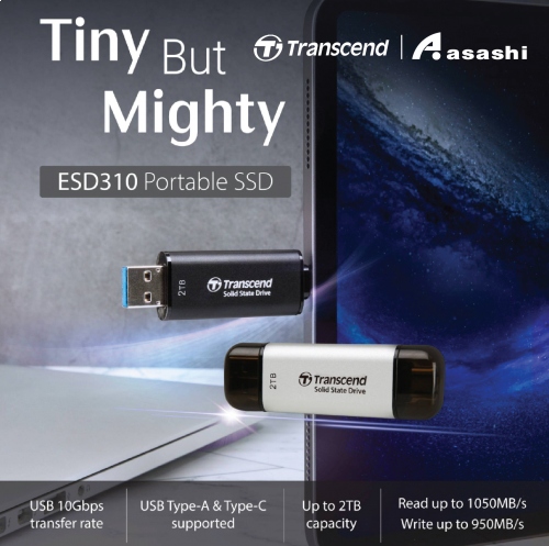 Transcend ESD310C Black 1TB USB3.1 Gen2 Portable SSD with Type-C & Type-A Connection - TS1TESD310C (Up to 1050MB/s Read Speed,950MB/s Write Speed)