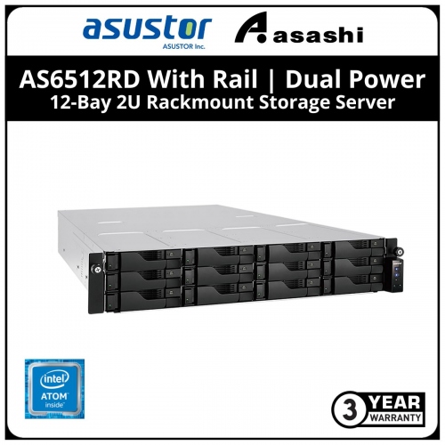 ASUSTOR AS6512RD With Rail | Dual Power 12-Bay 2U Rackmount Storage Server (Intel ATOM C3538 2.1Ghz QC, 8GB DDR4, 2 x GbE, 2 x 2.5GbE)
