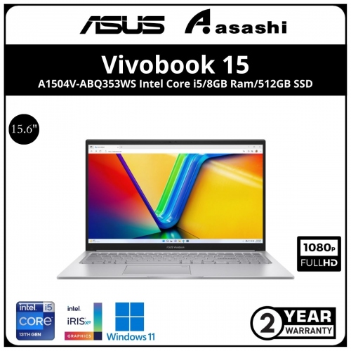Asus Vivobook A1504V-ABQ353WS Notebook-(Intel Core i5-1335U/8GB DDR4 OB(1 Extra Slot)/512GB SSD/15.6