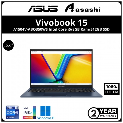 Asus Vivobook A1504V-ABQ350WS Notebook-(Intel Core i5-1335U/8GB DDR4 OB(1 Extra Slot)/512GB SSD/15.6