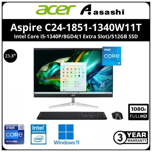 Acer Aspire C24-1851-1340W11T AiO Desktop PC (Intel Core i5-1340P/8GD4(1 Extra Slot)/512GB SSD/23.8