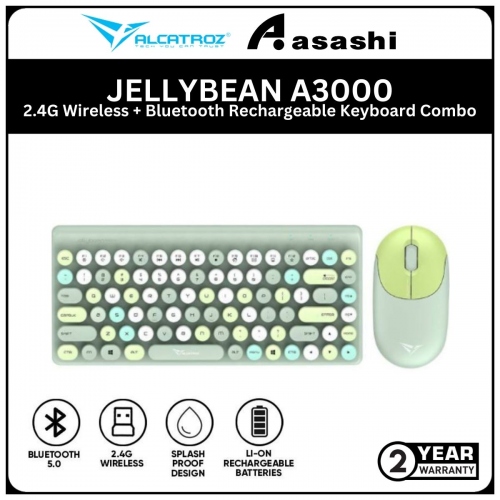 Alcatroz JELLYBEAN A3000-Crayon Green 2.4G Wireless + Bluetooth Rechargeable Keyboard Combo