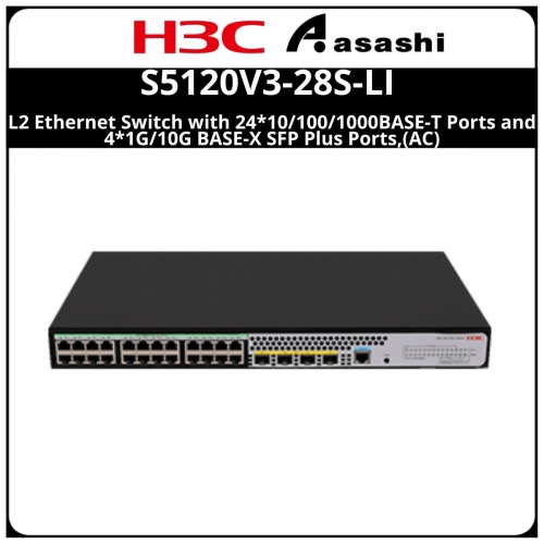 H3C S5120V3-28S-LI L2 Ethernet Switch with 24*10/100/1000BASE-T Ports and 4*1G/10G BASE-X SFP Plus Ports,(AC)