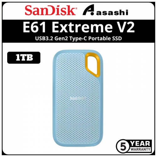 Sandisk E61 Extreme V2 Blue 1TB USB3.2 Gen2 Type-C Portable SSD - SDSSDE61-1T00-G25B (Up to 1050MB/s Read Speed & 1000MB/s Write Speed)