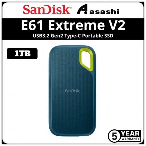 Sandisk E61 Extreme V2 Green 1TB USB3.2 Gen2 Type-C Portable SSD - SDSSDE61-1T00-G25M (Up to 1050MB/s Read Speed & 1000MB/s Write Speed)