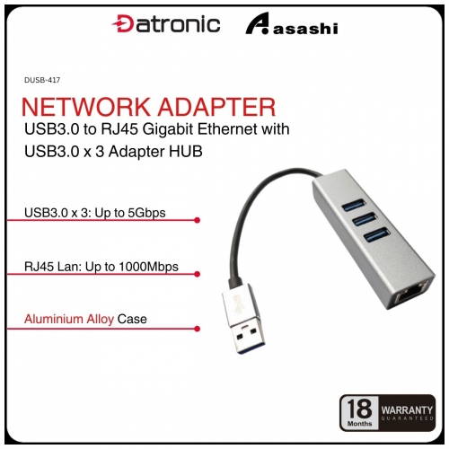 Datronic DUSB-417 USB3.0 to RJ45 Gigabit Ethernet with USB3.0 x 3 Adapter HUB - 18Months Warranty