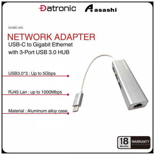 Datronic DUSBC-416 USB-C to RJ45 Gigabit Ethernet with USB3.0 x 3 Adapter HUB - 18Months Warranty