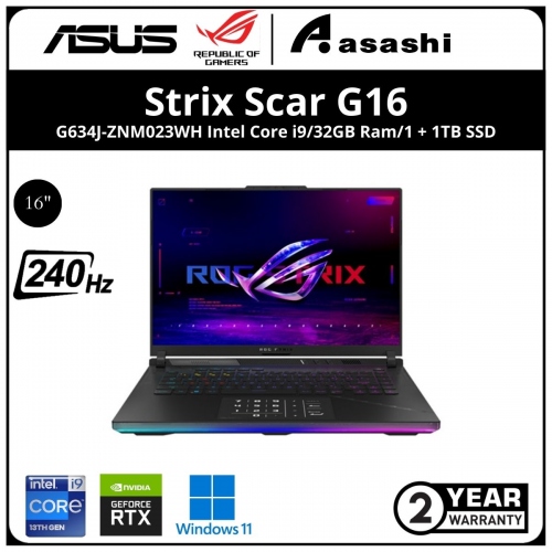 Asus ROG STRIX SCAR 16 Notebook-G634J-ZNM023WH-(Intel Core i9-13980HX/32GB DDR5(16*2)/1TB+1TB SSD PCIe(Raid 0)/16