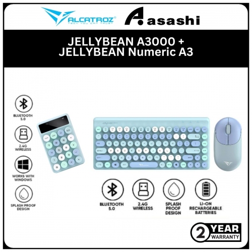 BUNDLE - Alcatroz JELLYBEAN A3000-Crayon Blue 2.4G Wireless + Bluetooth Rechargeable Keyboard Combo + JELLYBEAN Numeric A3