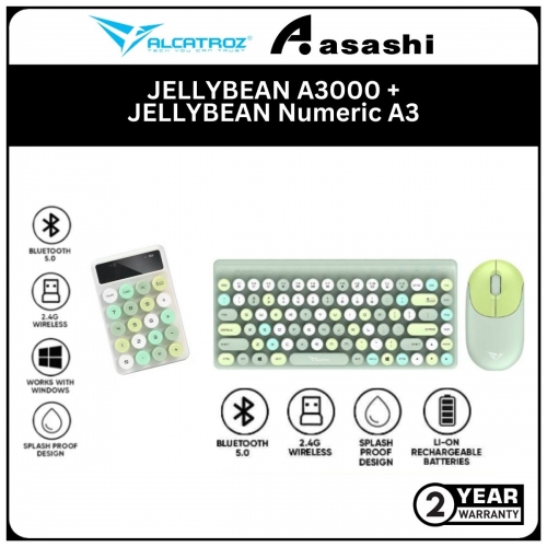BUNDLE - Alcatroz JELLYBEAN A3000-Crayon Green 2.4G Wireless + Bluetooth Rechargeable Keyboard Combo + JELLYBEAN Numeric A3