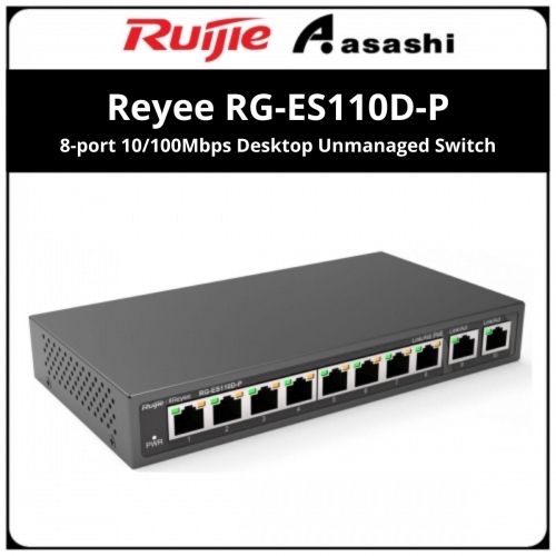 Ruijie Reyee RG-ES110D-P 8-Port 100Mbps + 2 Uplink Port 1000Mbps, 8 of the ports support PoE/PoE+ power supply. Max PoE power budget is 110W, unmanaged switch, desktop