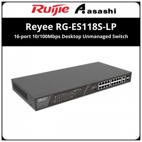 Ruijie Reyee RG-ES118S-LP 16-Port 100Mbps + 2 Gigabit RJ45/SFP combo Ports, 16 of the ports support PoE/PoE+ power supply. Max PoE power budget is 120W, unmanaged switch
