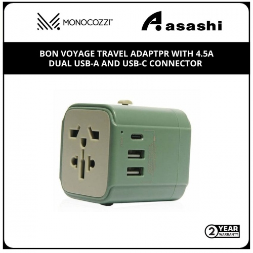 Monocozzi Bon Voyage Travel Adaptor With 4.5A Dual Usb-A And Usb-C Connector - Green