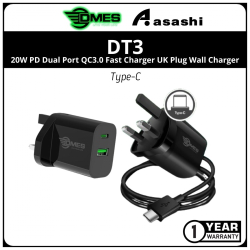 DMES DT3 - 20W PD Dual Port QC3.0 Fast Charger UK Plug Wall Charger - TYPE-C 1Y