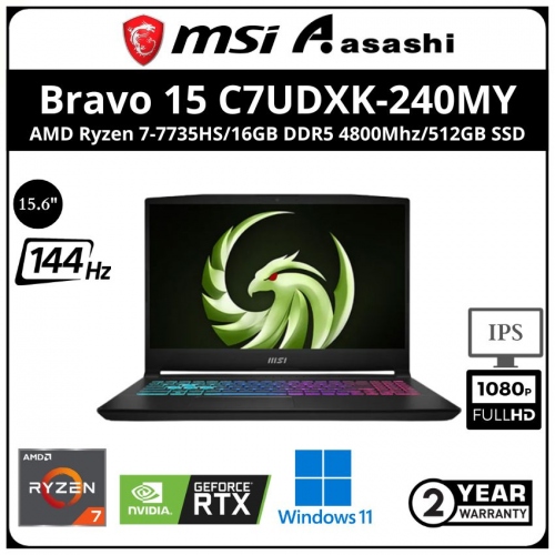 MSI Bravo 15 C7UDXK-240MY Gaming Notebook (AMD Ryzen 7-7735HS/16GB DDR5 4800Mhz(8*2)/512GB SSD(1 extra M.2)/NVIDIA® GeForce RTX™ 3050 Laptop GPU 6GB GDDR6/15.6