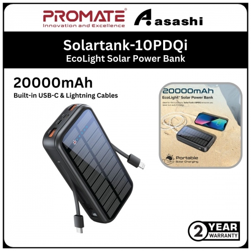 Promate Solartank-10PDQi 20000mAh EcoLight™ Solar Power Bank with Built-in USB-C & Lightning Cables (2yrs Manufacturer Warranty)