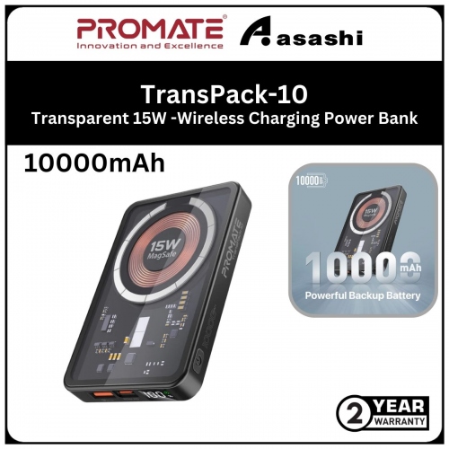 Promate TransPack-10 10000mAh Transparent 15W MagSafe Wireless Charging Power Bank with Carbon Fiber Design - Black (2yrs Manufacturer Warranty)