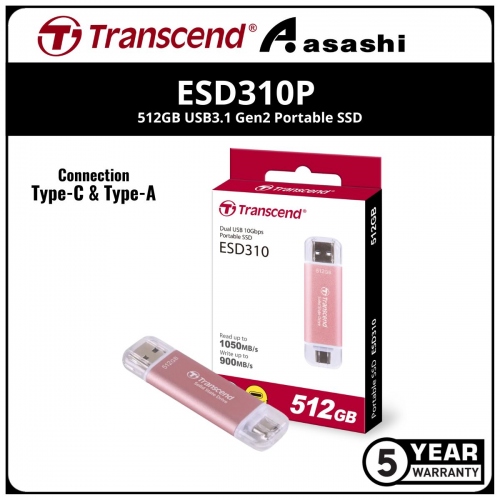 Transcend ESD310P Pink 512GB USB3.1 Gen2 Portable SSD with Type-C & Type-A Connection - TS512GESD310P (Up to 1050MB/s Read Speed,950MB/s Write Speed)